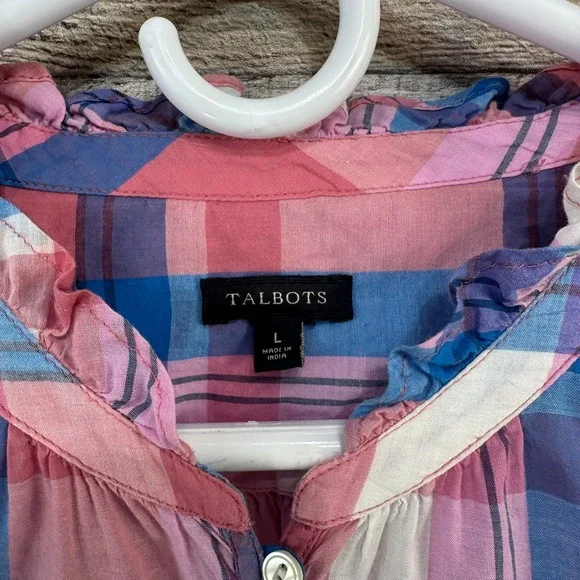 Talbots Womens Pink Blue Plaid Ruffle Collar Popover Cotton Blouse Top Large - Picture 4 of 6